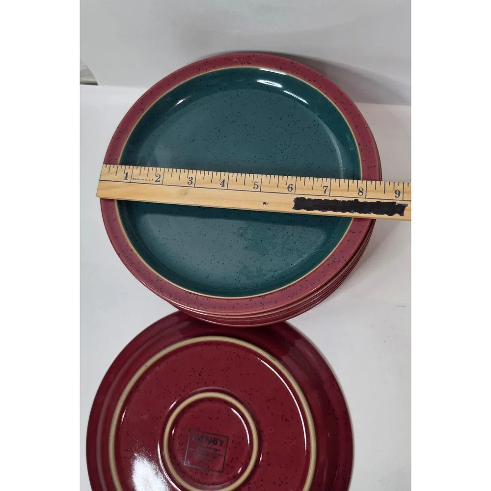 Denby Harlequin 16 Pc Dinnerware Set 8 Dinner 8 Salad Plates Red Teal Blue Mint